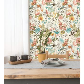 Papel Pintado Vinílico Ecológico Lavable Flores Mariposas Conejos Pájaros - Sophie Blossom 679376 De Gaulan - Rollo De 10 M X 0,53 M