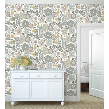 Papel Pintado Vinílico Ecológico De Flores Dibujadas Estilo Retro - Garden Flowers 680613 De Gaulan - Rollo De 10 M X 0,53 M