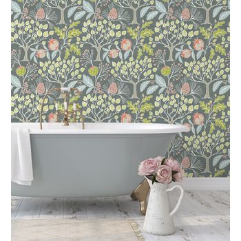 Papel Pintado Vinílico Ecológico Nórdico De Árboles Con Frutos - Kayla Forest 680618 De Gaulan - Rollo De 10 M X 0,53 M