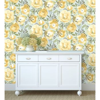 Papel Pintado Vinílico Ecológico De Flores Amarillas Pintadas A Acuarela - Camellias Garden 680624 De Gaulan - Rollo De 10 M X 0,53 M