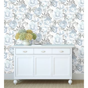 Papel Pintado Vinílico Ecológico De Flores Celeste Pintadas A Acuarela - Camellias Garden 680628 De Gaulan - Rollo De 10 M X 0,53 M