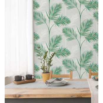 Papel Pintado Lavable Tropical De Hojas De Palmeras Verde Y Gris - Hawaii Palms 680911 De Gaulan - Rollo De 10 M X 0,53 M