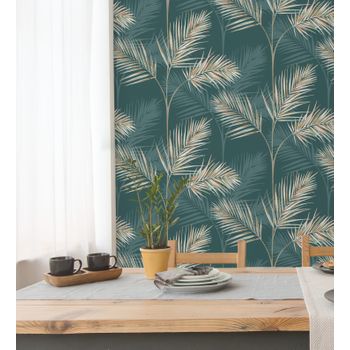 Papel Pintado Lavable Tropical De Hojas De Palmeras Camel Y Verde - Hawaii Palms 680912 De Gaulan - Rollo De 10 M X 0,53 M