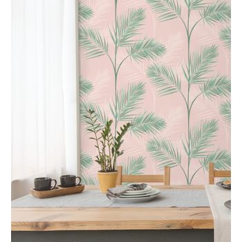 Papel Pintado Lavable Tropical De Hojas De Palmeras Verde Y Rosa Palo - Hawaii Palms 680913 De Gaulan - Rollo De 10 M X 0,53 M