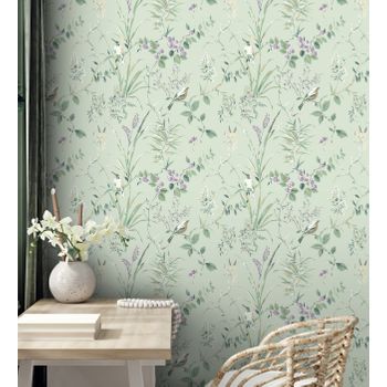 Papel Pintado Lavable De Ramas Flores Y Pájaros Estilo Romántico - Alison Garden 680928 De Gaulan - Rollo De 10 M X 0,53 M