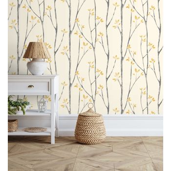 Papel Pintado De Ramas De Árboles Nórdicos Con Hojas Mostaza - Benson Forest 680945 De Gaulan - Rollo De 10 M X 0,53 M