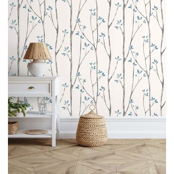 Papel Pintado De Ramas De Árboles Nórdicos Con Hojas Azules - Benson Forest 680946 De Gaulan - Rollo De 10 M X 0,53 M