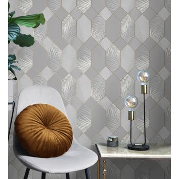 Papel Pintado Lavable Geométrico Panel Hexagonal Con Hojas Tropicales - Tropical Hive 681284 De Gaulan - Rollo De 10 M X 0,53 M