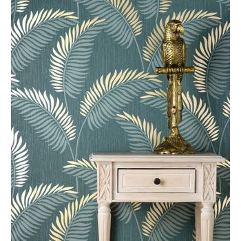 Papel Pintado Vinílico Lavable Tropical De Hojas En Relieve Y Detalles Metalizados - Alan Palmer 681289 De Gaulan - Rollo De 10 M X 0,53 M