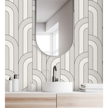 Papel Pintado Vinílico Lavable Geométrico Blanco En Relieve Con Líneas Metalizadas - Century Lines 681292 De Gaulan - Rollo De 10 M X 0,53 M