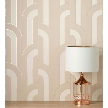 Papel Pintado Vinílico Lavable Geométrico Beige En Relieve Con Líneas Metalizadas - Century Lines 681293 De Gaulan - Rollo De 10 M X 0,53 M