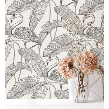 Papel Pintado Lavable Hojas Tropicales Y Flamencos Estilo Art Déco - Luxury Flamand 681299 De Gaulan - Rollo De 10 M X 0,53 M