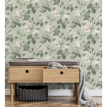 Papel Pintado Vinílico Lavable De Flores Románticas Vintage Fondo Verde - Marietta 681322 De Gaulan - Rollo De 10 M X 0,53 M