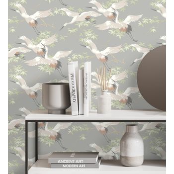 Papel Pintado Lavable De Pájaros Garzas Reales Estilo Oriental Fondo Gris - Mandarin Birds 681331 De Gaulan - Rollo De 10 M X 0,53 M