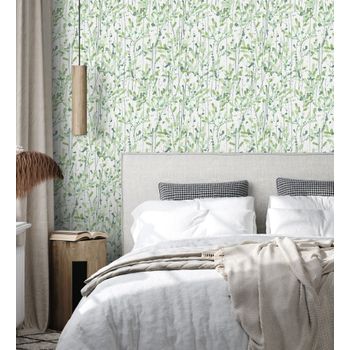 Papel Pintado Vinílico Lavable De Hojas En Tonos Verde Acuarela De Diseño Moderno Estilo B - Amy Leaf 681441 De Gaulan - Rollo De 10 M X 0,52 M