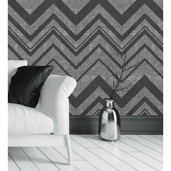 Papel Pintado Vinílico Geométrico Zigzag Negro Con Textura En Relieve - Enzo Spike 681659 De Gaulan - Rollo De 10 M X 1,06 M