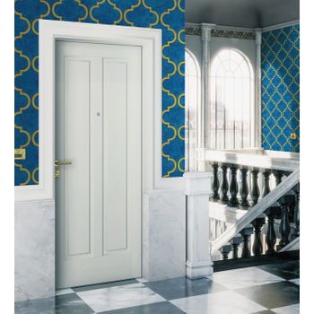 Muestra Din A4 De Papel Pintado Vinílico Lavable Geométrico En Relieve Estilo Finlandés Azul Y Dorado - Helsinki Ornaments 676319 De Gaulan