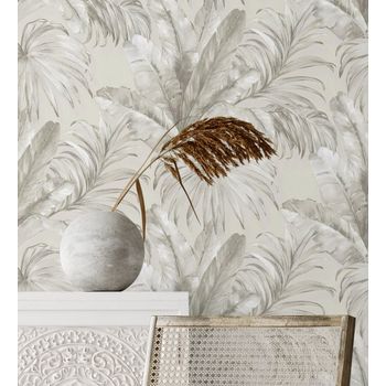 Muestra Din A4 De Papel Pintado Vinílico Lavable Tropical Hojas Plantas Beige Textura Óleo 3d - Habana Tropical 676366 De Gaulan