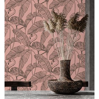 Muestra Din A4 De Papel Pintado Lavable Hojas Tropicales Y Flamencos Estilo Art Déco - Luxury Flamand 681300 De Gaulan