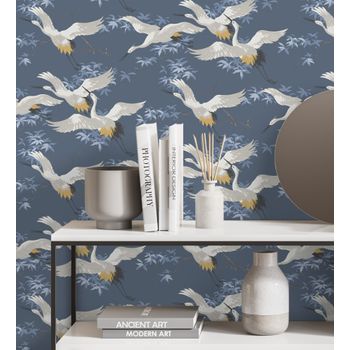 Muestra Din A4 De Papel Pintado Lavable De Pájaros Garzas Reales Estilo Oriental Fondo Azul - Mandarin Birds 681328 De Gaulan