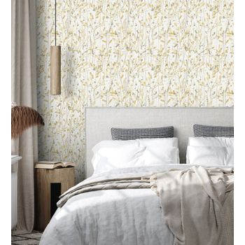 Muestra Din A4 De Papel Pintado Vinílico Lavable De Hojas Tonos Amarillo Acuarela De Diseño Moderno Estilo B - Amy Leaf 681440 De Gaulan