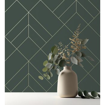 Muestra Din A4 De Papel Pintado Geométrico De Rombos Con Líneas Doradas Fondo Verde Estilo Art Déco - Arnova 682087 De Gaulan