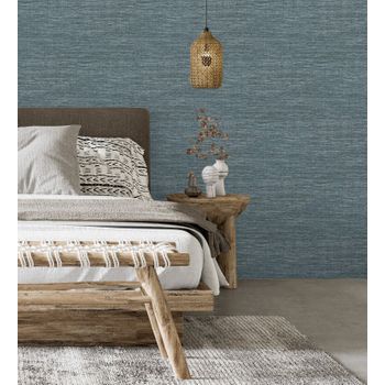 Muestra Din A4 De Papel Pintado Vinílico Lavable Rafia Con Fibras De Sisal Teñido En Relieve Color Azul Plom - Studs Texture 682096 De Gaulan