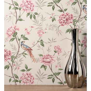 Muestra Din A4 De Papel Pintado De Pájaros Y Flores Fondo Texturizado Efecto Fibra Vegetal Beige - Nora Garden 681989 De Gaulan