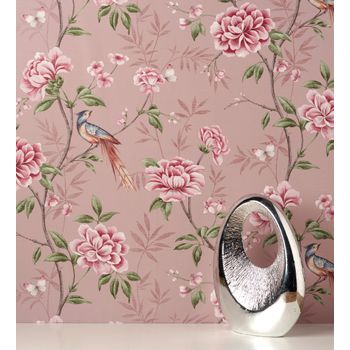 Muestra Din A4 De Papel Pintado De Pájaros Y Flores Fondo Texturizado Efecto Fibra Vegetal Rosa - Nora Garden 681990 De Gaulan