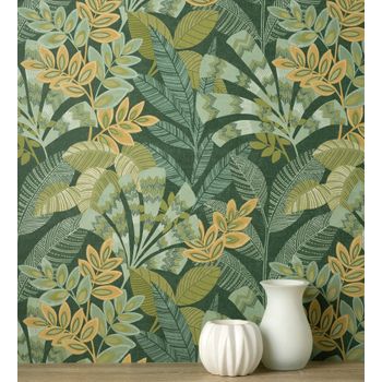 Papel Pintado Vinílico De Hojas Étnicas Fondo Verde Con Texturas Estilo Tropical - Aruba Palm 682001 De Gaulan - Rollo De 10 M X 0,52 M