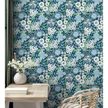 Papel Pintado Vinílico Ecológico Jardín De Flores Fondo Azul Estilo Botánico - Masie Garden 682061 De Gaulan - Rollo De 10 M X 0,52 M