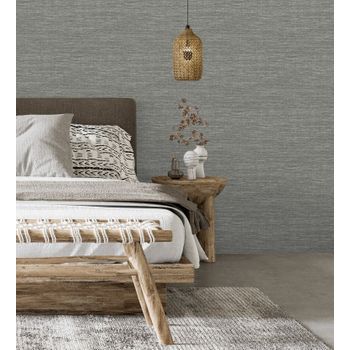 Papel Pintado Vinílico Lavable Rafia Con Fibras De Sisal Teñido En Relieve Color Gris Visó - Studs Texture 682097 De Gaulan - Rollo De 10 M X 0,52 M