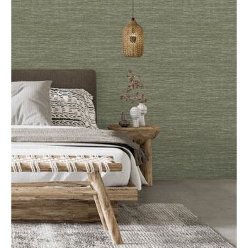 Papel Pintado Vinílico Lavable Rafia Con Fibras De Sisal Teñido En Relieve Color Verde - Studs Texture 682098 De Gaulan - Rollo De 10 M X 0,52 M