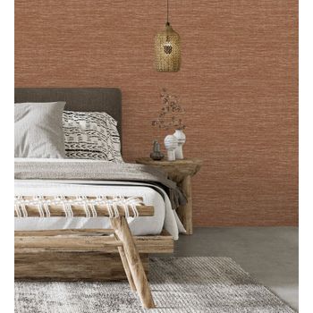 Papel Pintado Vinílico De Rafia Con Fibras De Sisal Teñido En Relieve Color Marrón Rojizo - Studs Texture 682101 De Gaulan - Rollo De 10 M X 0,52 M