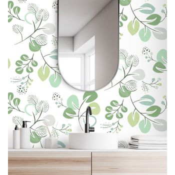 Papel Pintado Vinílico Ecológico De Hojas De Estilo Nórdico Tonos Verdes - Blossom Hall 682102 De Gaulan - Rollo De 10 M X 0,52 M