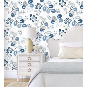 Papel Pintado Vinílico Ecológico De Hojas De Estilo Nórdico Tonos Azules - Blossom Hall 682103 De Gaulan - Rollo De 10 M X 0,52 M