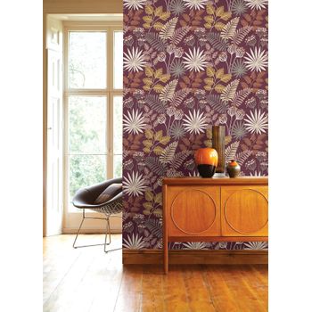 Papel Pintado Vinílico Ecológico De Flores Y Hojas Color Berenjena - Irish Garden 682331 De Gaulan - Rollo De 10 M X 0,52 M