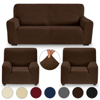 Funda Sofá Y Sillón Adaptable Bielástica Set 3 Piezas 3+1+1 Plazas Eiffel Textile Mónaco Marron