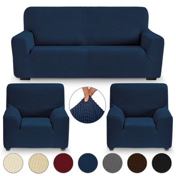 Funda Sofá Y Sillón Adaptable Bielástica Set 3 Piezas 3+1+1 Plazas Eiffel Textile Mónaco Azul