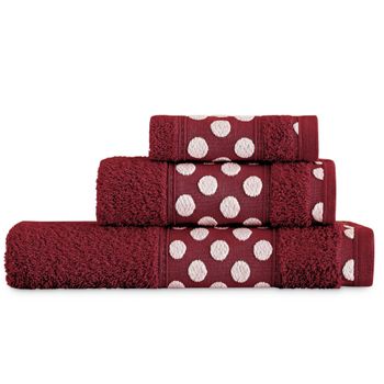 Toalla De Baño 450 Gr Set 3 Piezas: Tocador, Lavabo Y Sábana Lunares Vipalia Granate