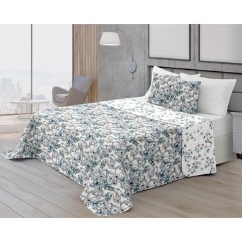 Colcha Bouti Verano Reversible Estampada Floral Vipalia Cama 90cm, Color Azul