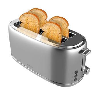 Tostadora 4 Rebanadas Toast&taste 1600 Retro Double Inox. 1630 W, 2 Ranuras Anchas De 3,8 Cm Y Largas, Acero Inoxidable, Varillas Superiores, Potencia Regulable, Bandeja Recogemigas