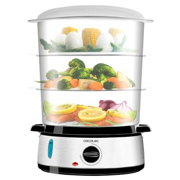 Vaporera Eléctrica Vapovita 3000 Inox, 3 Recipientes Independientes, Cuenco Para Preparar Arroz, Soportes Para Cocer Huevos, Temporizador 60 Minutos, 2 Entradas Laterales De Agua, Gris, 800 W