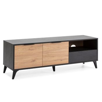 Mueble Tv Koln 2 Puertas Y 1 Cajón, Color Negro Cepillado Y Madera, 136,5 Cm (ancho) 40 Cm (profundo) 48,5 Cm (altura)