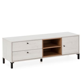 Mueble Tv Javea 2 Cajones Y 1 Puerta, Color Blanco Y Madera, 136,5 Cm (ancho) 40 Cm (profundo) 47 Cm (altura)