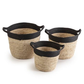 Set De 3 Cestas Otilia De Fibra Natural Y Papel, Negro/beige Con Asas