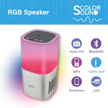Biwond Altavoz Bluetooth Color Sound (rgb, Aux, Radio Fm, Micro Sd, Carga Usb 2.0, Luz Noctura, Lámpara De Cabecera, Control Táctil) - Plata