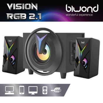 Biwond Altavoz Gaming Vision Rgb 2.1 (woofer 4" Y 2 Altavoces 2.5", Sonido Estéreo 3d, Luces Rgb, Compatible Con Pc, Smartphone Y Dispositivos Jack O Usb, 8w Y 4w X2) - Negro