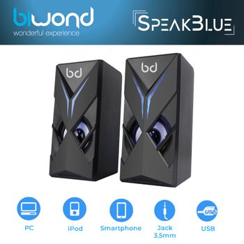 Biwond Altavoz Gaming Speak Blue (2 Altavoces Para Pc, Portátil, Gaming, Iluminación Led Azul, 3w, Conexión Usb, Plug&play, Diseño Compacto) - Negro