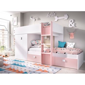 Cama Tren Con Armario Y 2 Cajones - 150x271x111 - Blanco / Rosa -Groe 